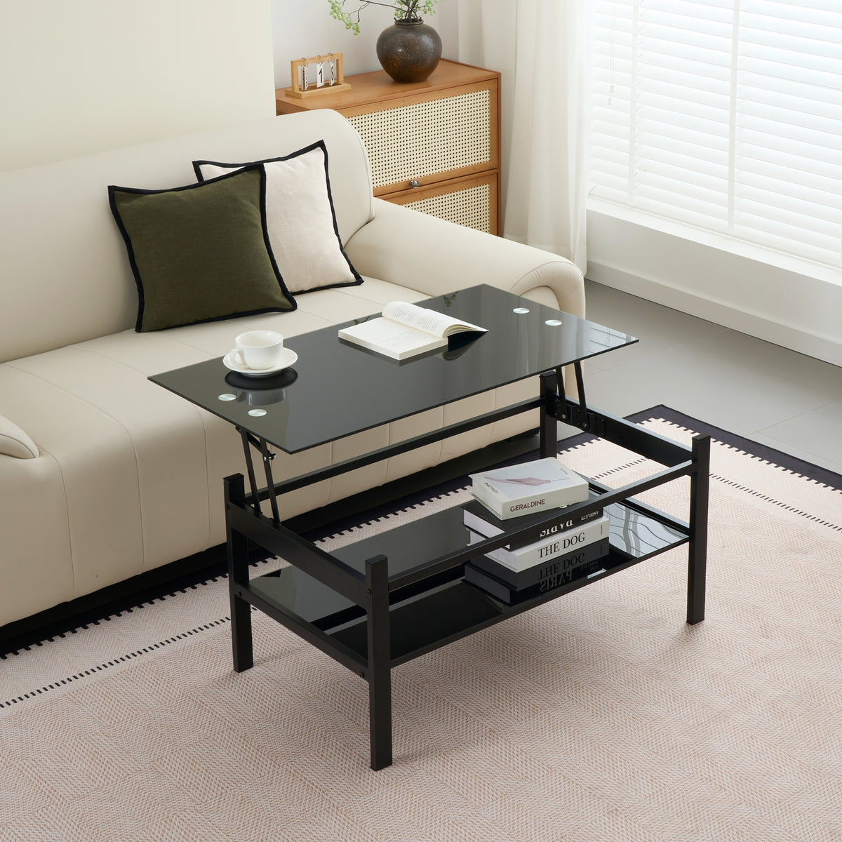 Glass Lift Top Coffee Table, Modern Simple 2-Layer Tempered Glass Coffee Table for Living Room, Black