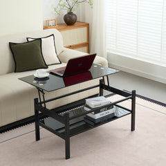 Glass Lift Top Coffee Table, Modern Simple 2-Layer Tempered Glass Coffee Table for Living Room, Black
