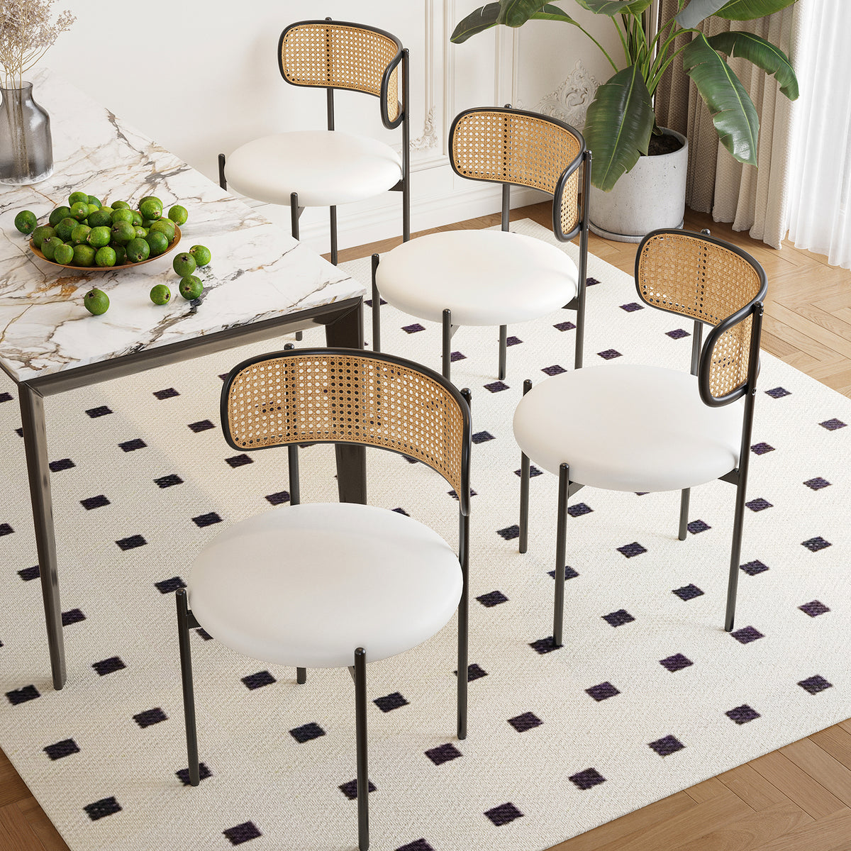Dining Chairs Set of 4, PU Leather Upholstered Seat with Woven Rattan Back, Sturdy Metal Legs Modern Side Chairs for Kitchen Living Room Restaurant