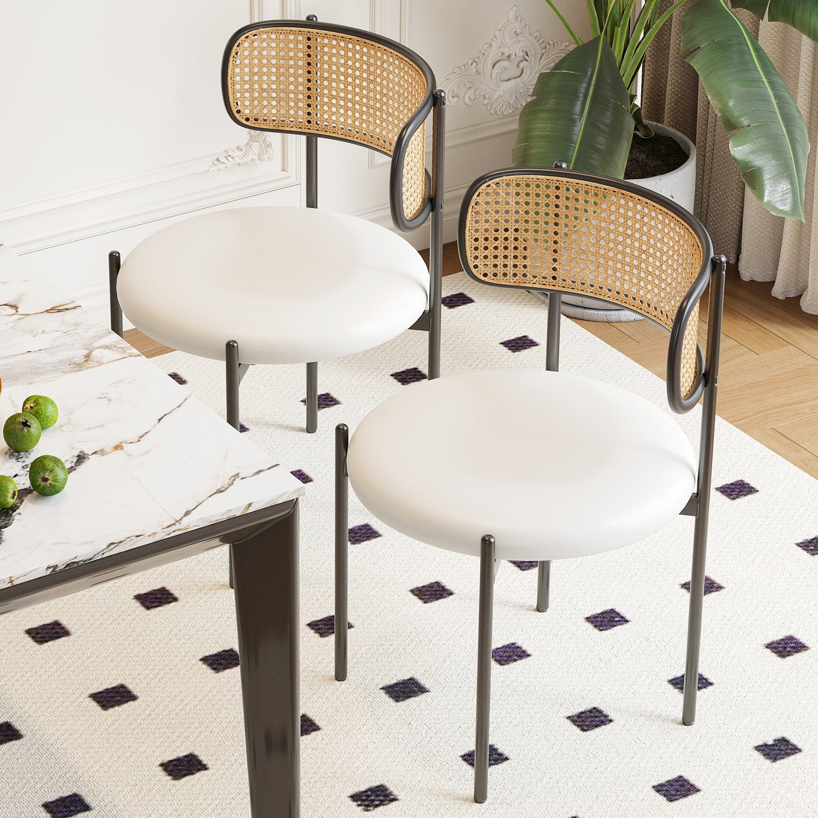 Dining Chairs Set of 4, PU Leather Upholstered Seat with Woven Rattan Back, Sturdy Metal Legs Modern Side Chairs for Kitchen Living Room Restaurant
