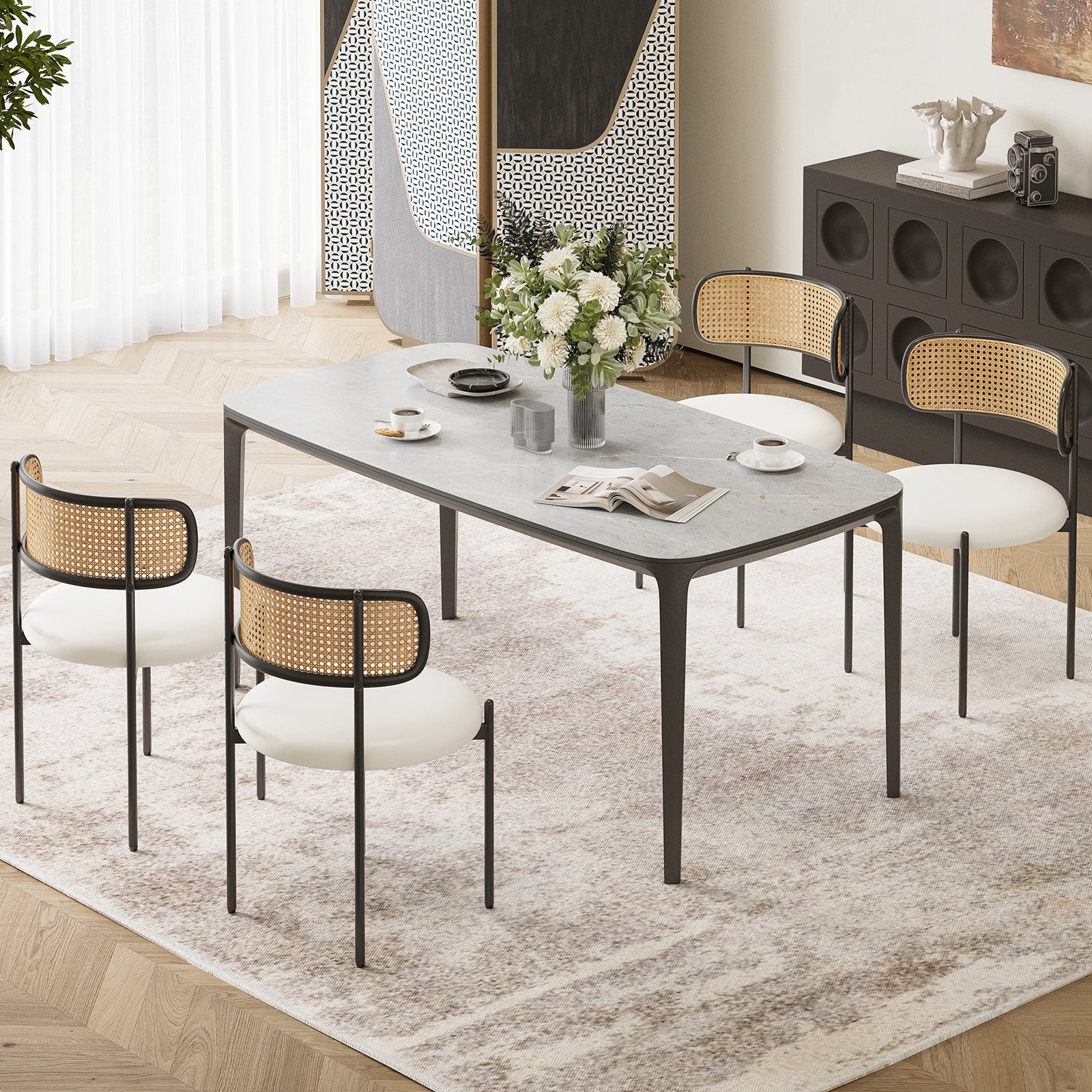 Dining Chairs Set of 4, PU Leather Upholstered Seat with Woven Rattan Back, Sturdy Metal Legs Modern Side Chairs for Kitchen Living Room Restaurant