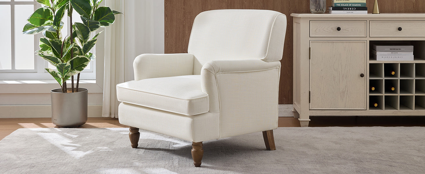 Vintage Upholstered Linen Fabric Armchair with Antique Solid Wood Legs, Accent Chair Single Sofa Chair for Living Room, Bedroom,Cream