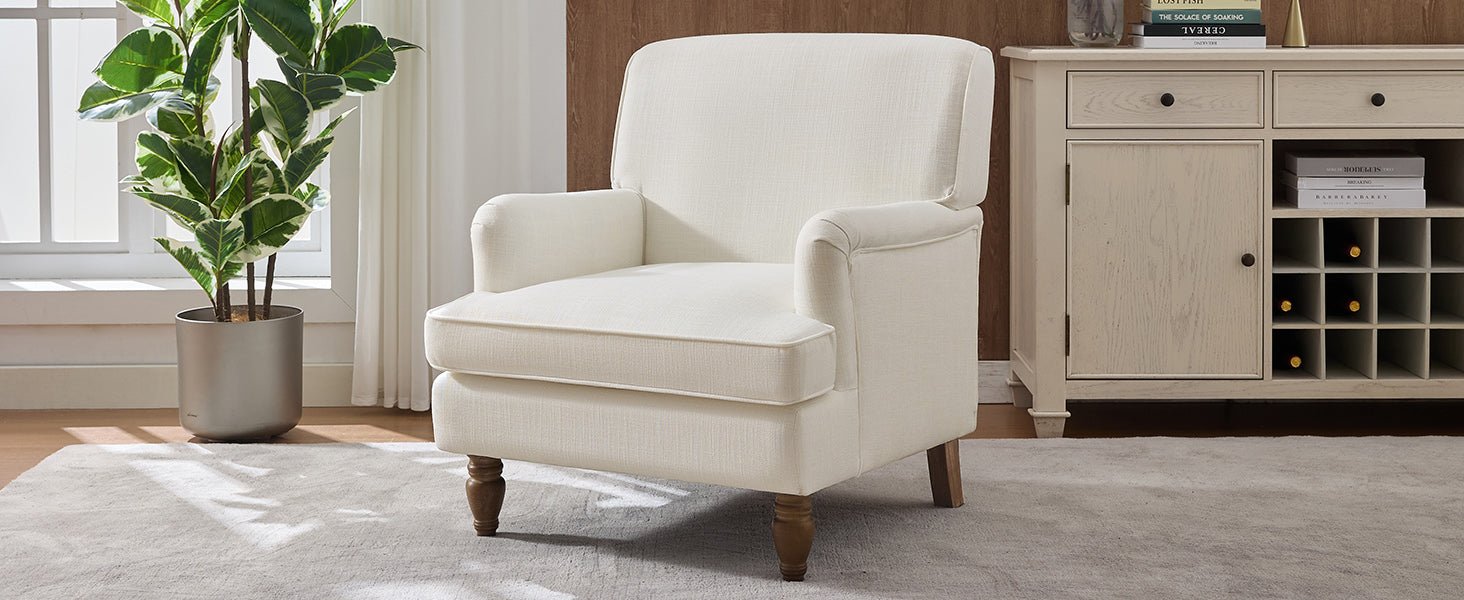 Vintage Upholstered Linen Fabric Armchair with Antique Solid Wood Legs, Accent Chair Single Sofa Chair for Living Room, Bedroom,Cream