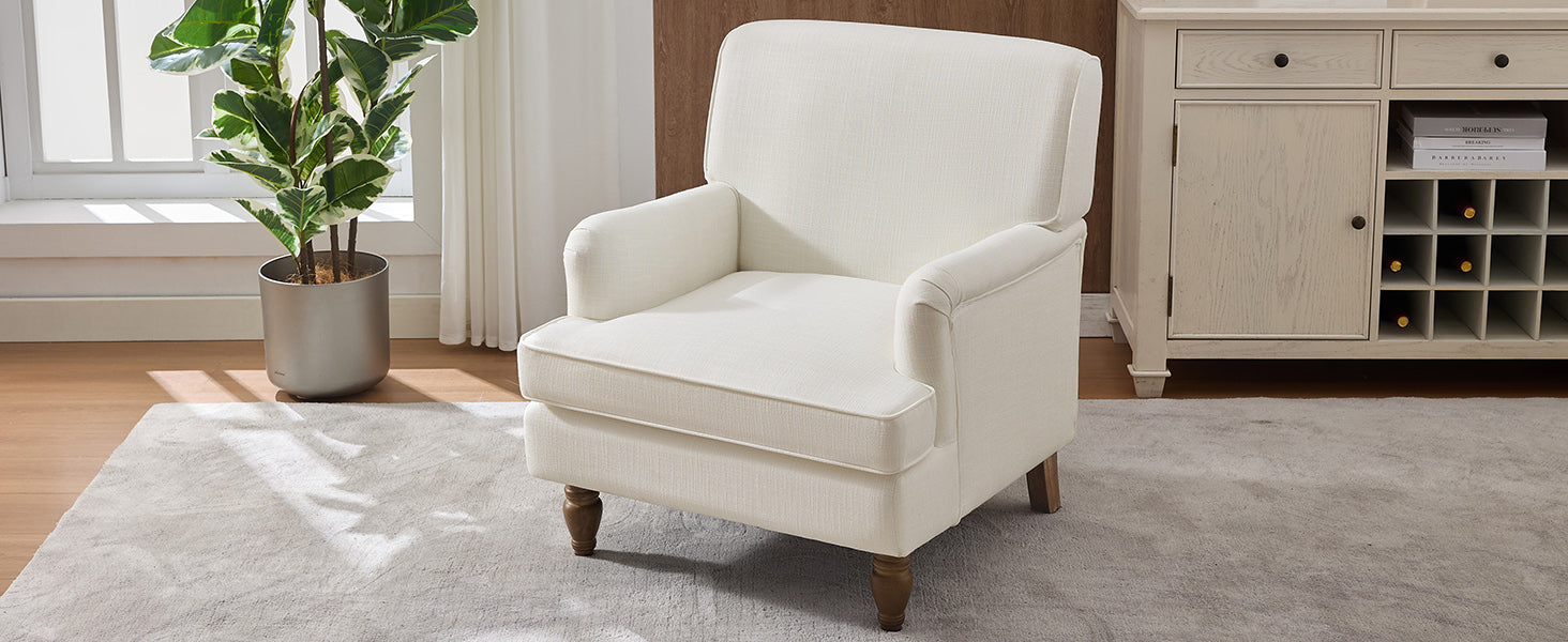 Vintage Upholstered Linen Fabric Armchair with Antique Solid Wood Legs, Accent Chair Single Sofa Chair for Living Room, Bedroom,Cream