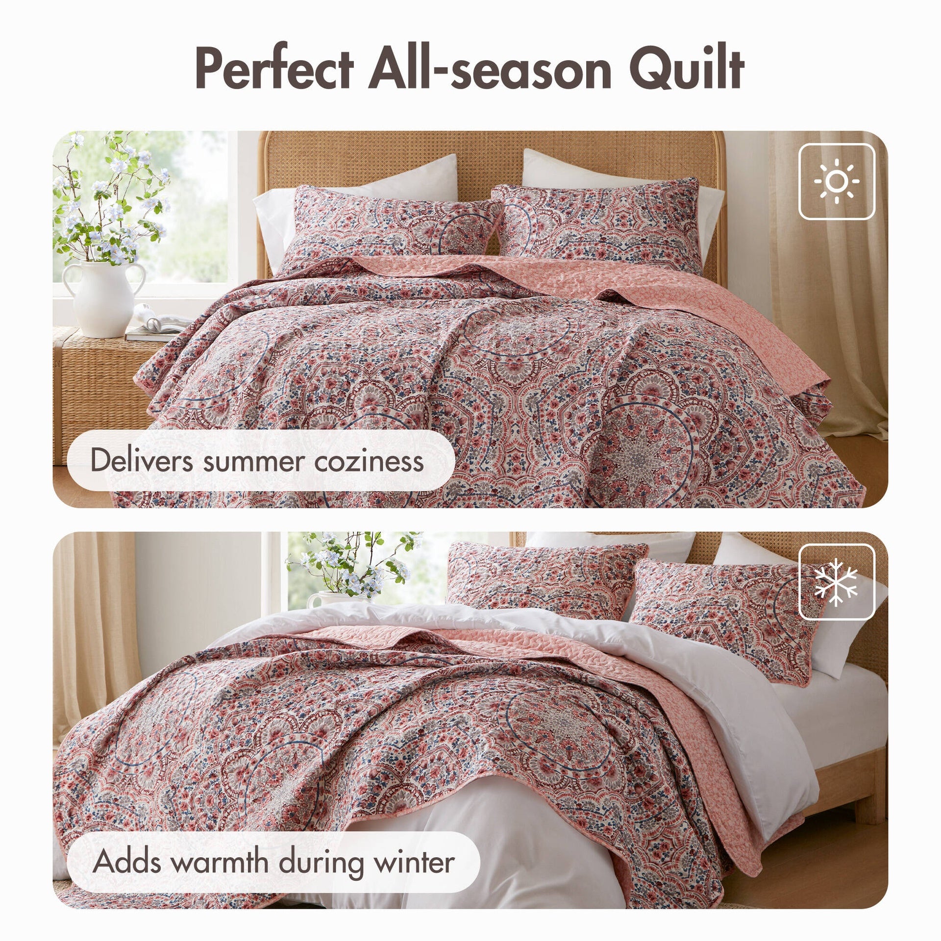 3-Piece Full/Queen Boho Floral Reversible Quilt