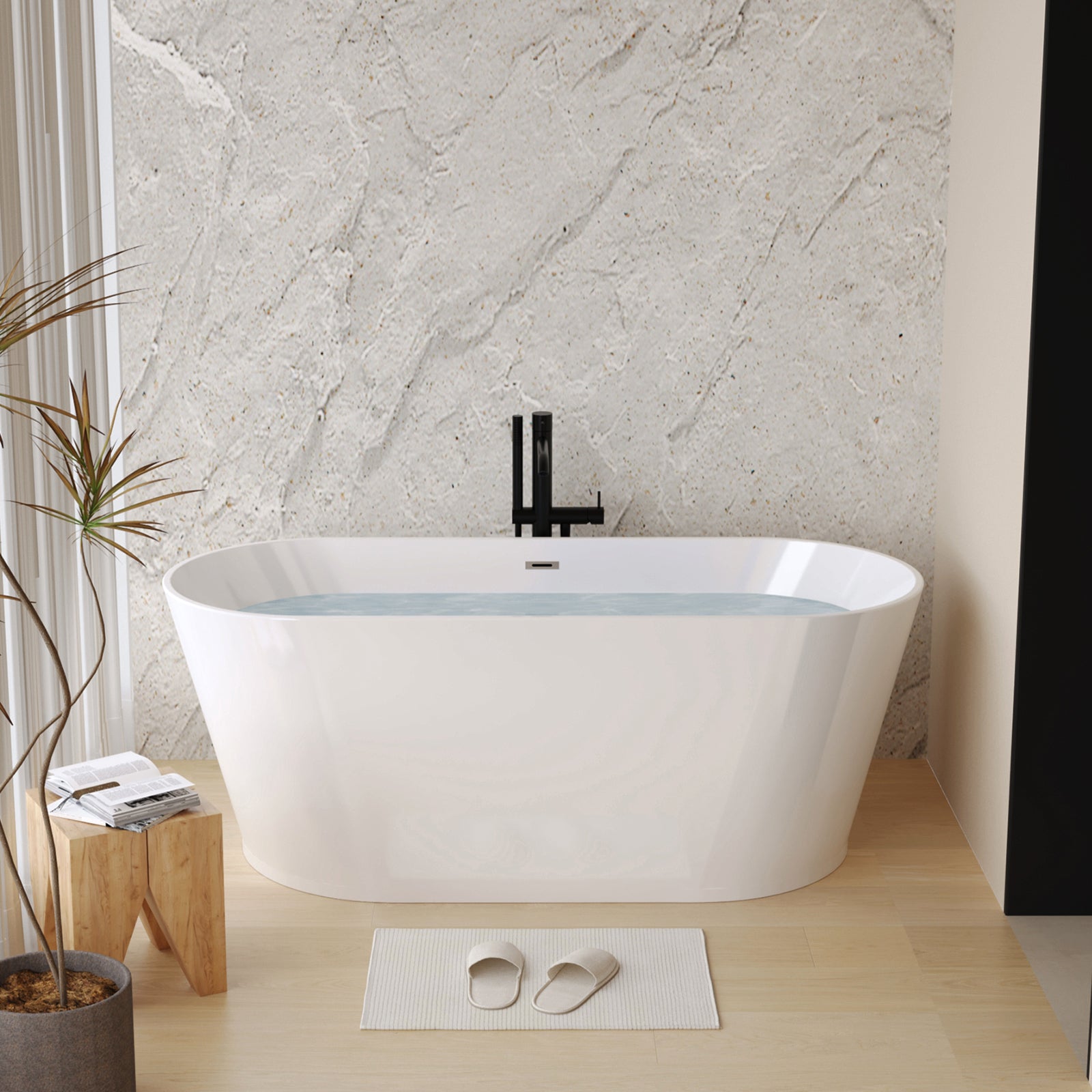 55" Acrylic Freestanding Bathtub, Stand Alone Soaking Tub, Glossy White Acrylic, Toe-tap Chrome Drain, cUPC Certified