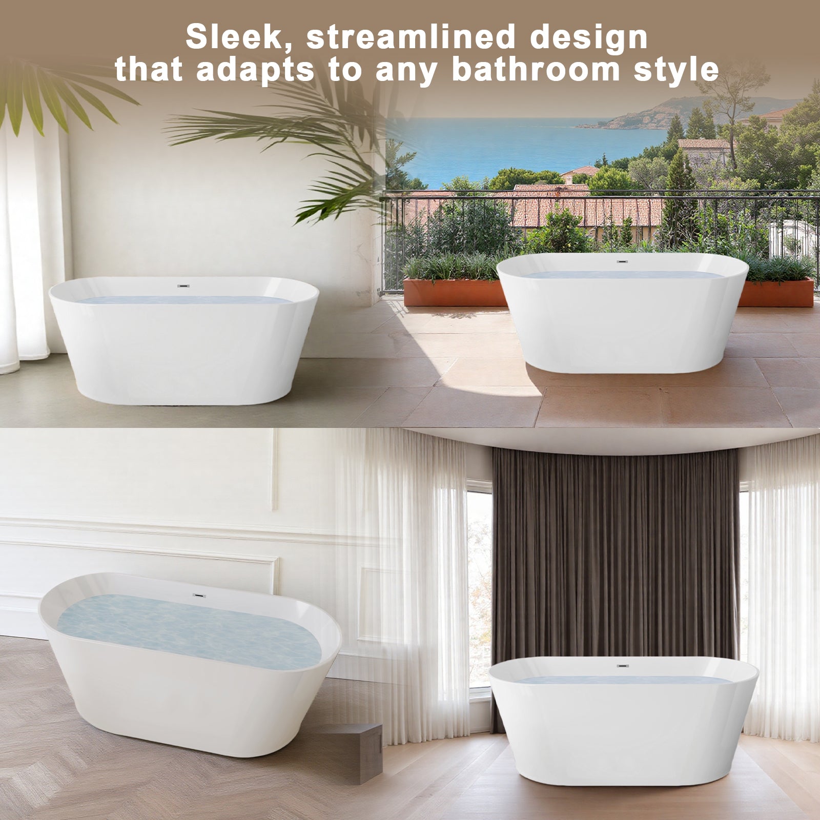 55" Acrylic Freestanding Bathtub, Stand Alone Soaking Tub, Glossy White Acrylic, Toe-tap Chrome Drain, cUPC Certified