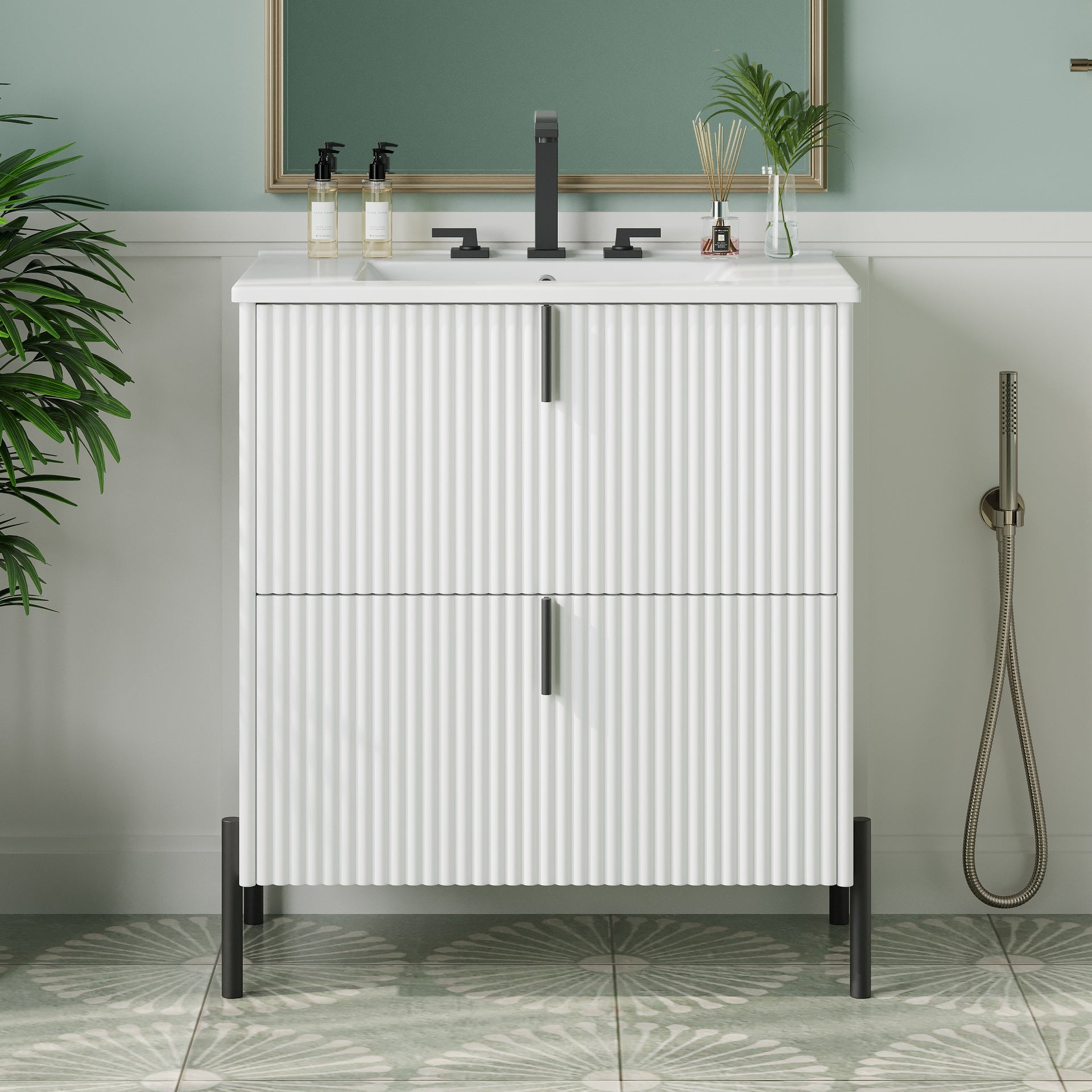 30" Bathroom Vanity with Ceramic Sink, Equipped with Vertical Pulls and Full-Extension Drawers, Freestanding Bathroom Vanity with Soft Close Drawer Slides, Fluted Design, White
