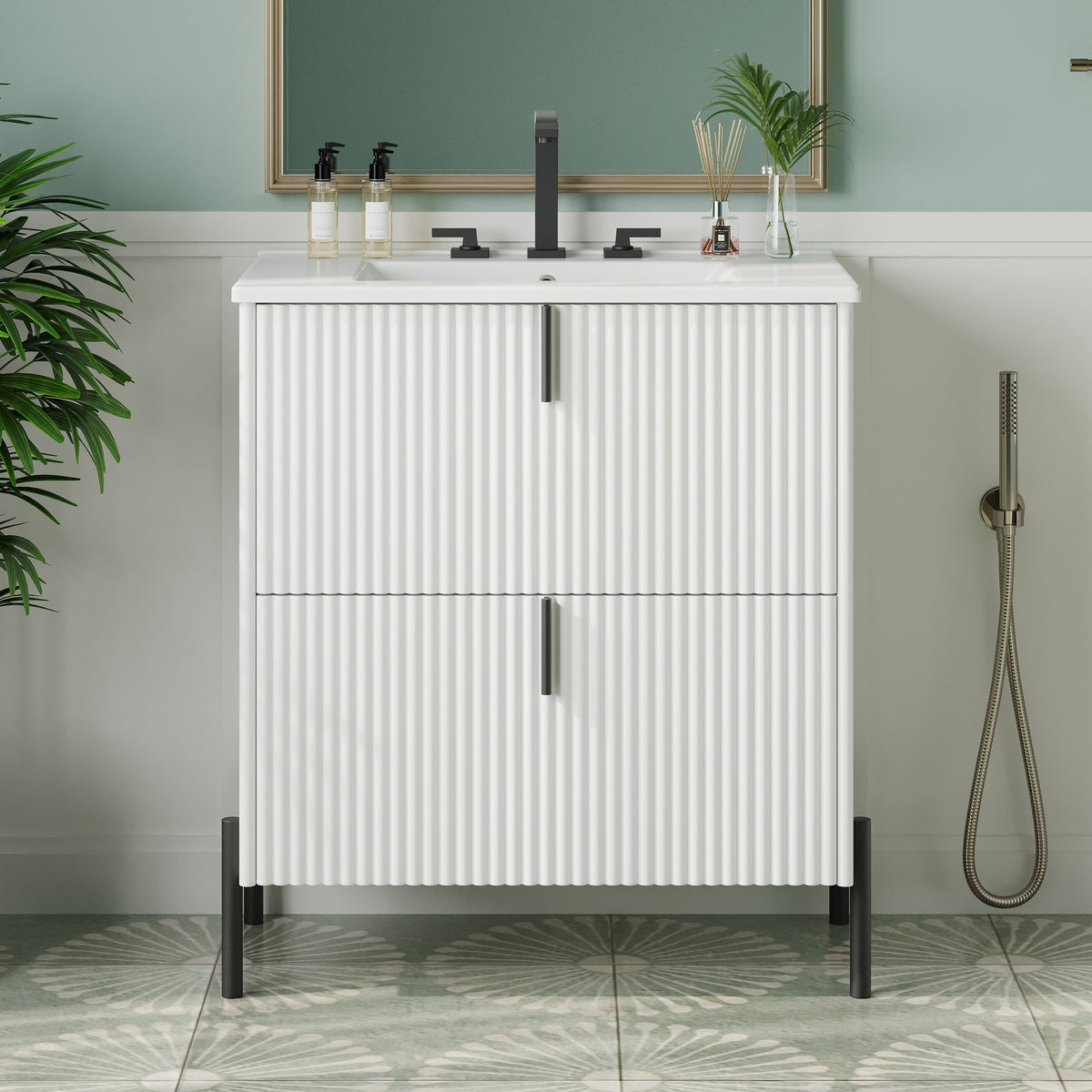30" Bathroom Vanity with Ceramic Sink, Equipped with Vertical Pulls and Full-Extension Drawers, Freestanding Bathroom Vanity with Soft Close Drawer Slides, Fluted Design, White