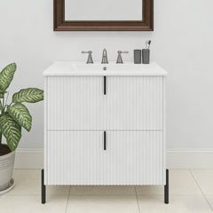 30" Bathroom Vanity with Ceramic Sink, Equipped with Vertical Pulls and Full-Extension Drawers, Freestanding Bathroom Vanity with Soft Close Drawer Slides, Fluted Design, White