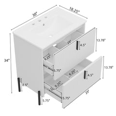 30" Bathroom Vanity with Ceramic Sink, Equipped with Vertical Pulls and Full-Extension Drawers, Freestanding Bathroom Vanity with Soft Close Drawer Slides, Fluted Design, White