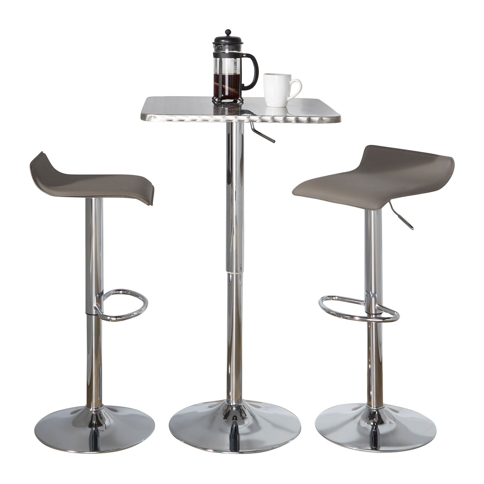 Bistro Square-Ale Contemporary Adjustable Bar Set in Silver and Chrome Metal with Grey PVC and Oval Footrest by LumiSource - 3 Piece
