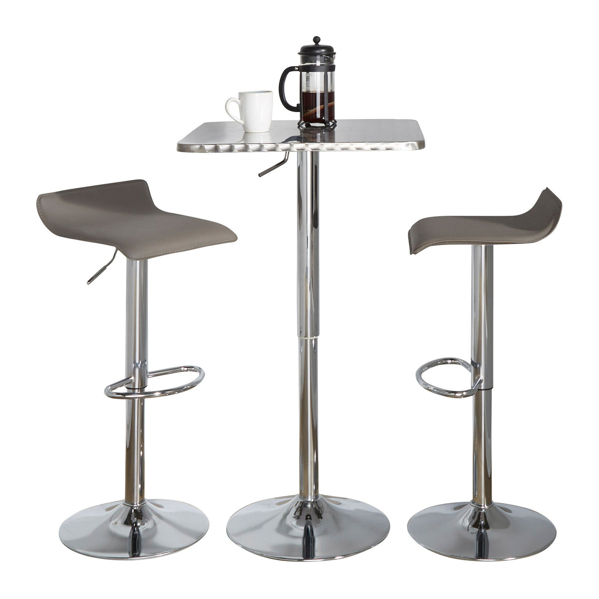 Bistro Square-Ale Contemporary Adjustable Bar Set in Silver and Chrome Metal with Grey PVC and Oval Footrest by LumiSource - 3 Piece