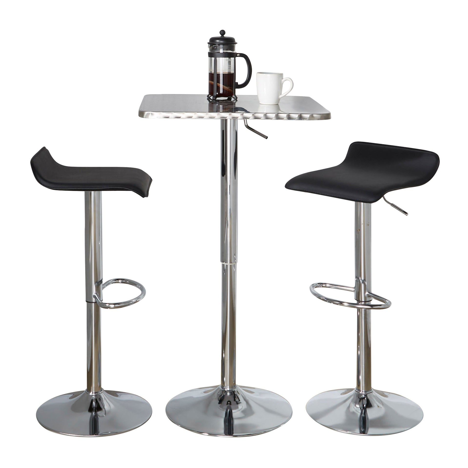 Bistro Square-Ale Contemporary Adjustable Bar Set in Silver and Chrome Metal with Black PVC and Oval Footrest by LumiSource - 3 Piece