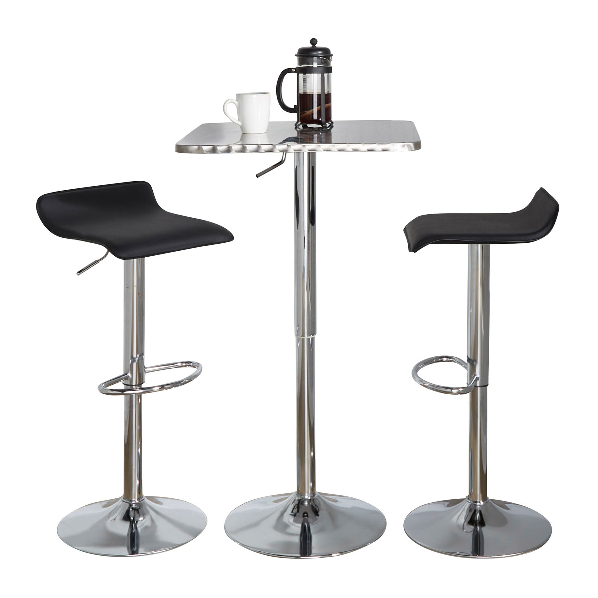 Bistro Square-Ale Contemporary Adjustable Bar Set in Silver and Chrome Metal with Black PVC and Oval Footrest by LumiSource - 3 Piece