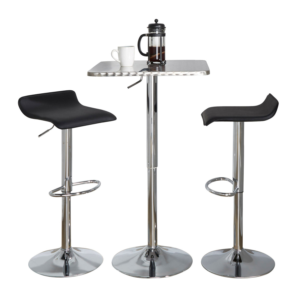 Bistro Square-Ale Contemporary Adjustable Bar Set in Silver and Chrome Metal with Black PVC and Oval Footrest by LumiSource - 3 Piece