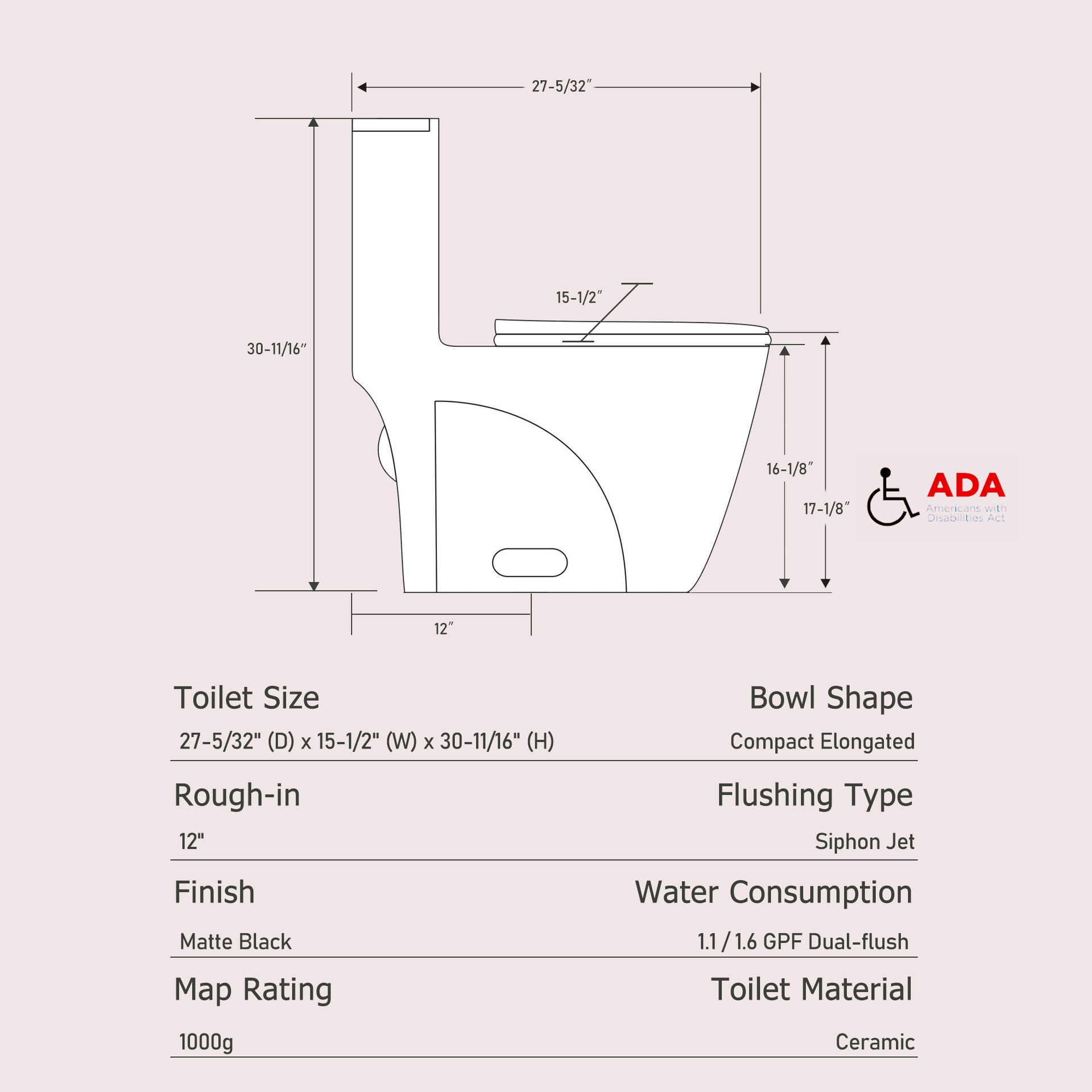 1.1/1.60 GPF Dual-Flush One Piece Toilet, Water-Saving Elongated Comfort Height Floor Mounted, Soft Close Seat, 1000 Gram Map Flushing Score Toilet, Matte Black GF-24T01-MB