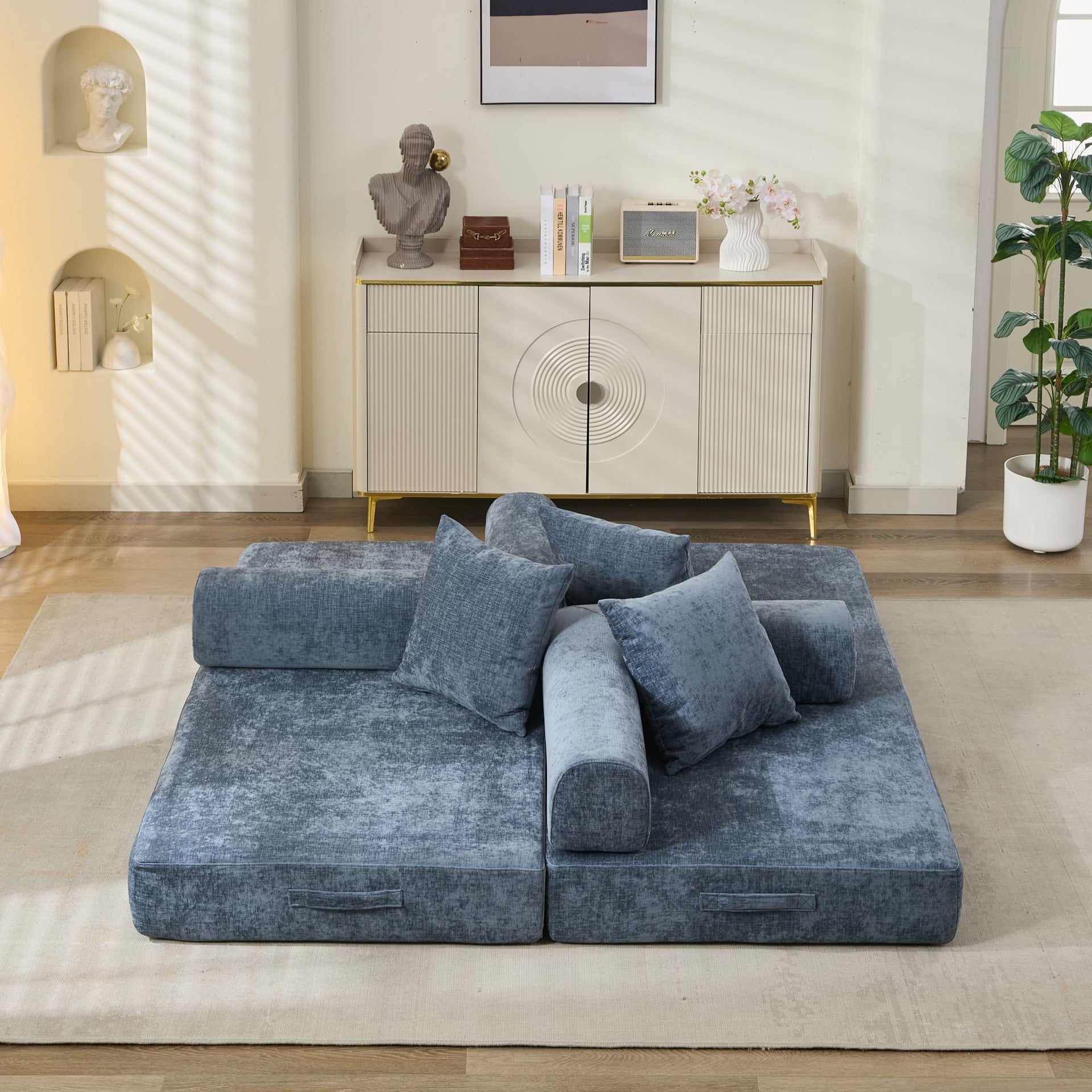 Comfy Convertible Folding Mattress Couch, Floor Sofa Bed, Chenille Floor Sofa with Armrest, Floor Sofa Lounge Couch for Living Room Bedroom Lounge Studio-Blue