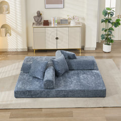 Comfy Convertible Folding Mattress Couch, Floor Sofa Bed, Chenille Floor Sofa with Armrest, Floor Sofa Lounge Couch for Living Room Bedroom Lounge Studio-Blue