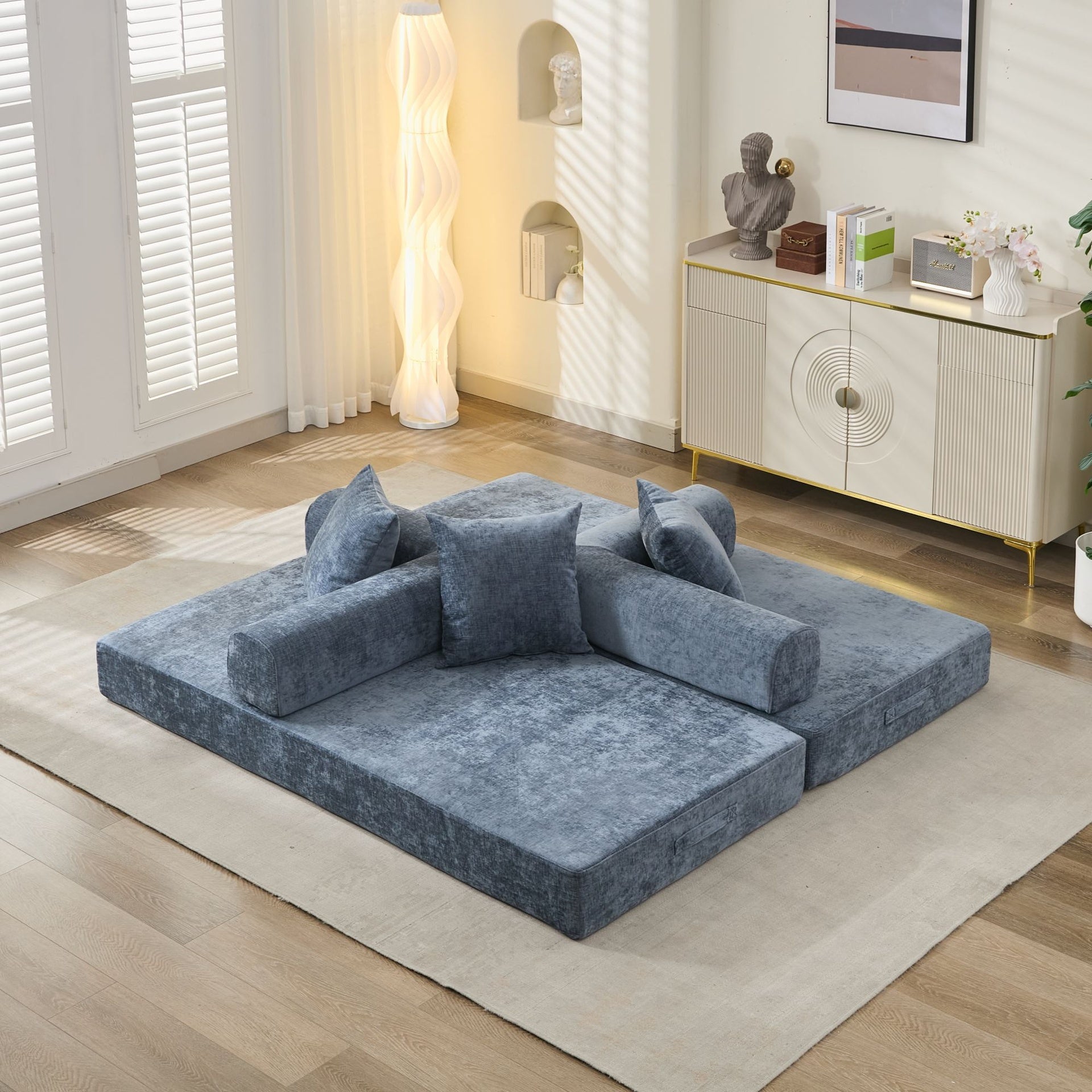 Comfy Convertible Folding Mattress Couch, Floor Sofa Bed, Chenille Floor Sofa with Armrest, Floor Sofa Lounge Couch for Living Room Bedroom Lounge Studio-Blue