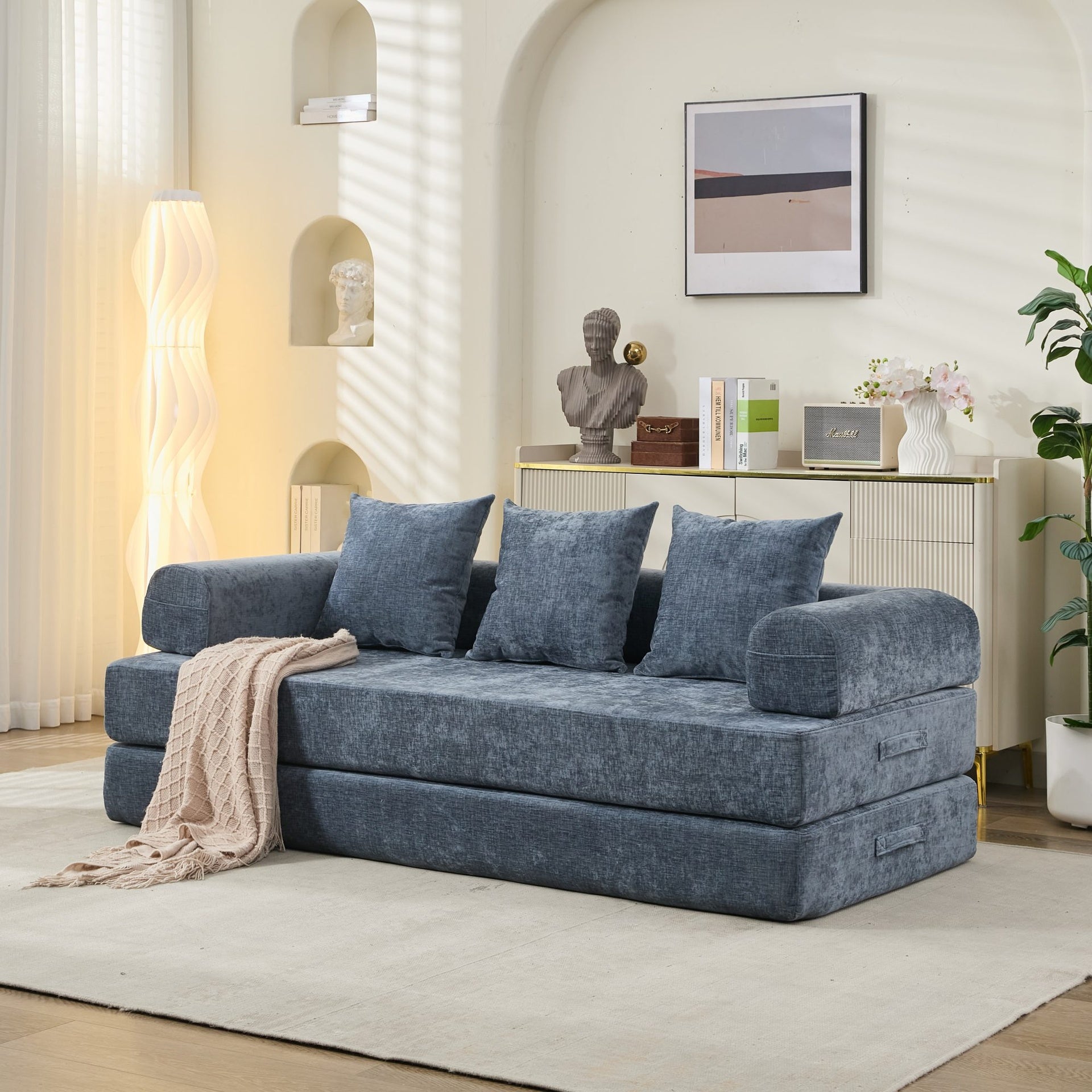 Comfy Convertible Folding Mattress Couch, Floor Sofa Bed, Chenille Floor Sofa with Armrest, Floor Sofa Lounge Couch for Living Room Bedroom Lounge Studio-Blue