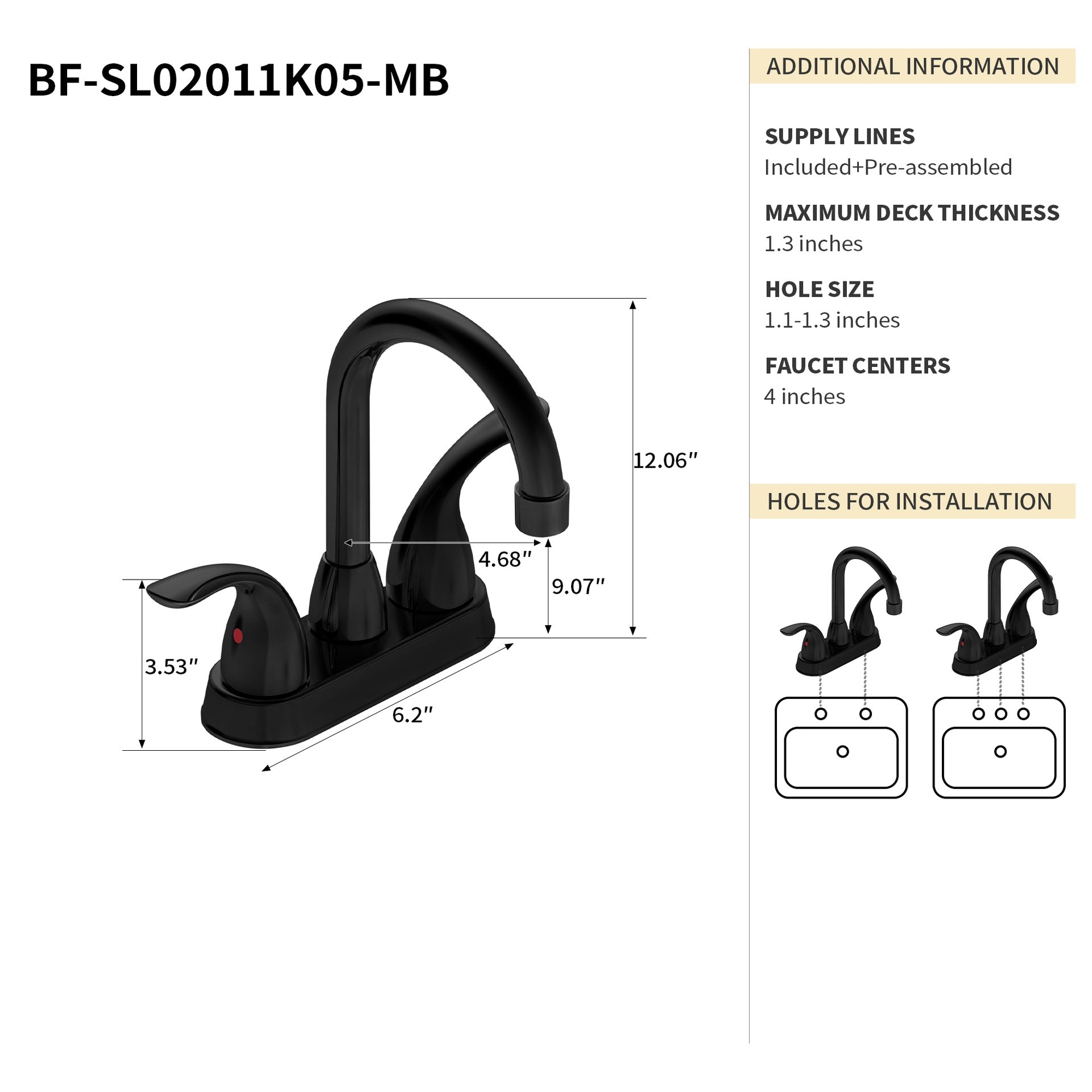 Bothwa Home 12.06" CUPC Certified 2-handle Bathroom Sink Faucet (Matt Black Finish)