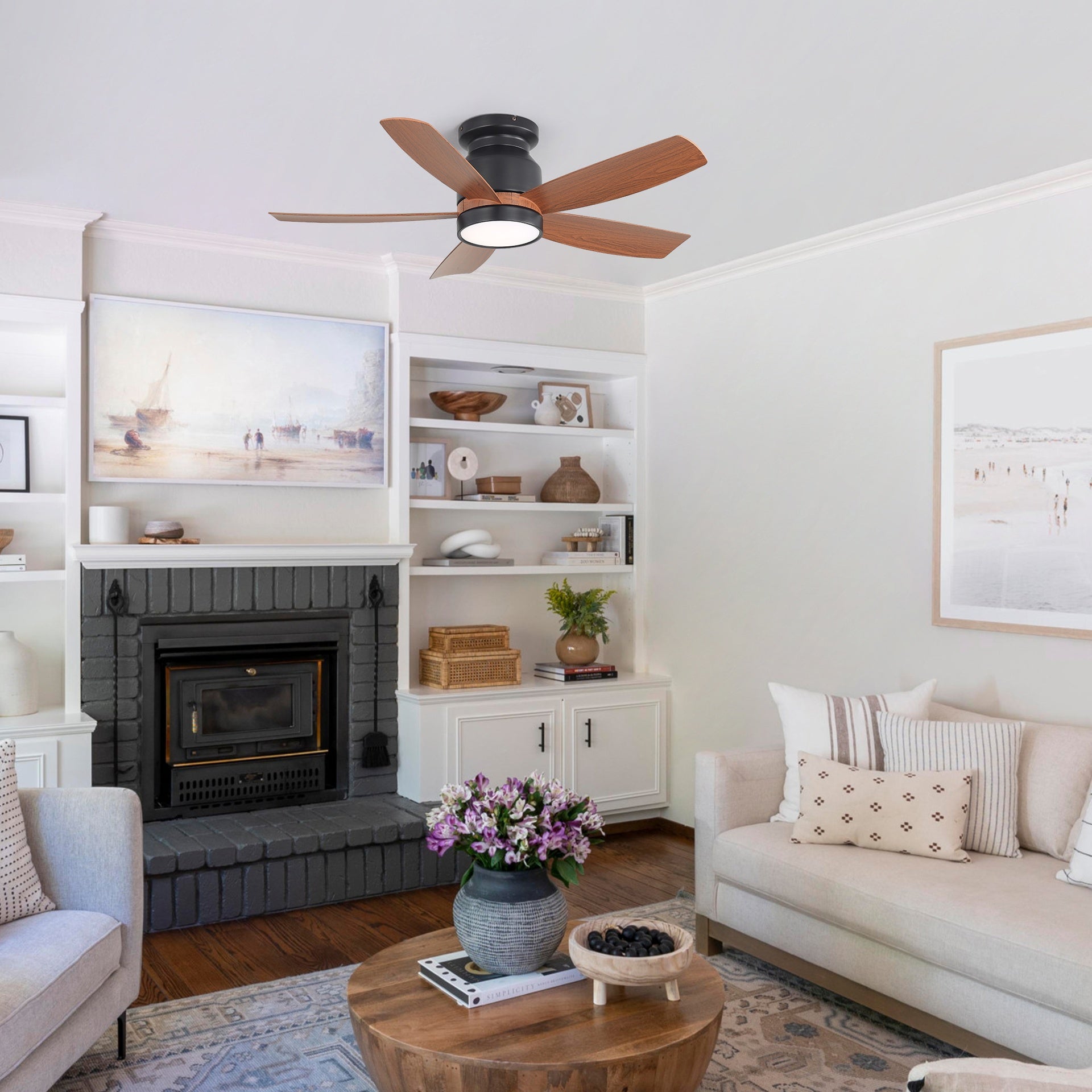 42 Inch Matte Black Ceiling Fan with LED Light and 6 Speed Remote Control Reversible DC Motor  for Bedroom Living Room