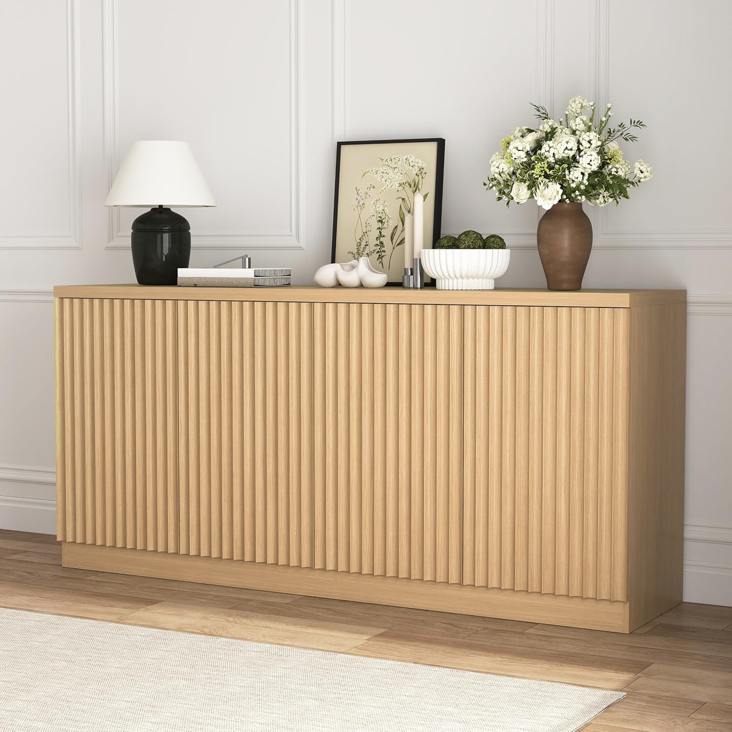 Buffet Cabinet with Storage, 62.60" Sideboard Cabinet with 4 Doors & Shelves, Wooden Kitchen Coffee Bar Credenza Storage for Living Room, Hallway Natural