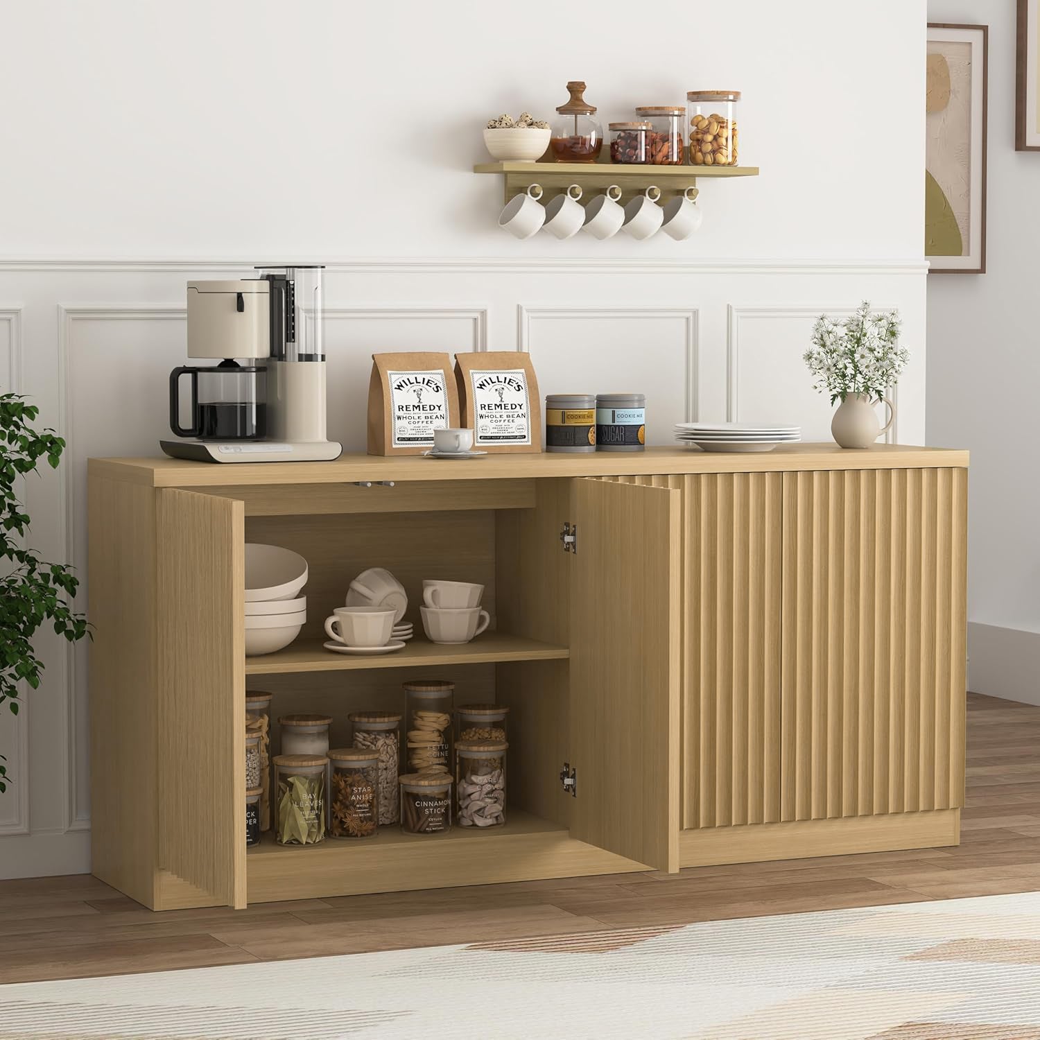 Buffet Cabinet with Storage, 62.60" Sideboard Cabinet with 4 Doors & Shelves, Wooden Kitchen Coffee Bar Credenza Storage for Living Room, Hallway Natural