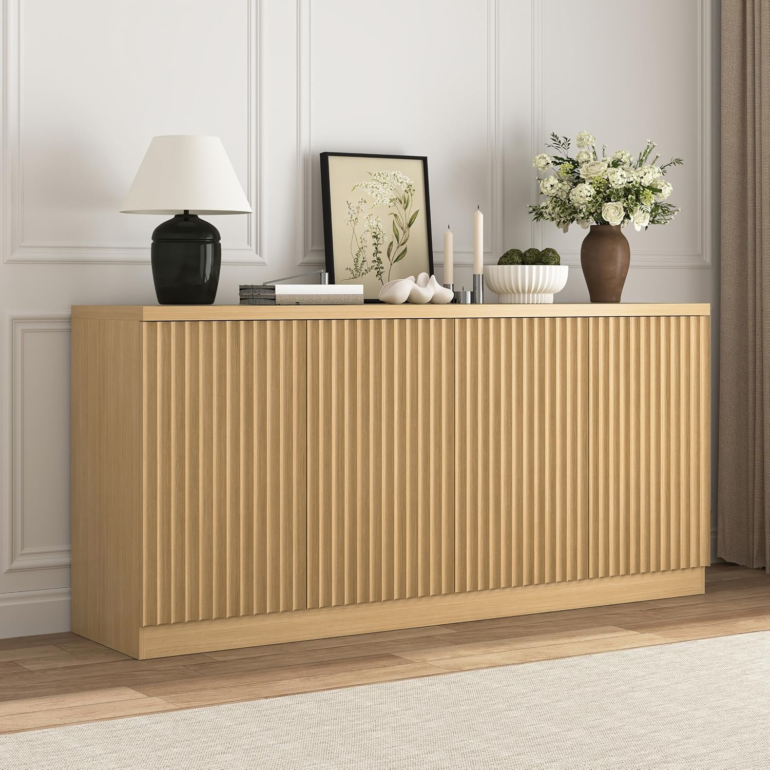 Buffet Cabinet with Storage, 62.60" Sideboard Cabinet with 4 Doors & Shelves, Wooden Kitchen Coffee Bar Credenza Storage for Living Room, Hallway Natural