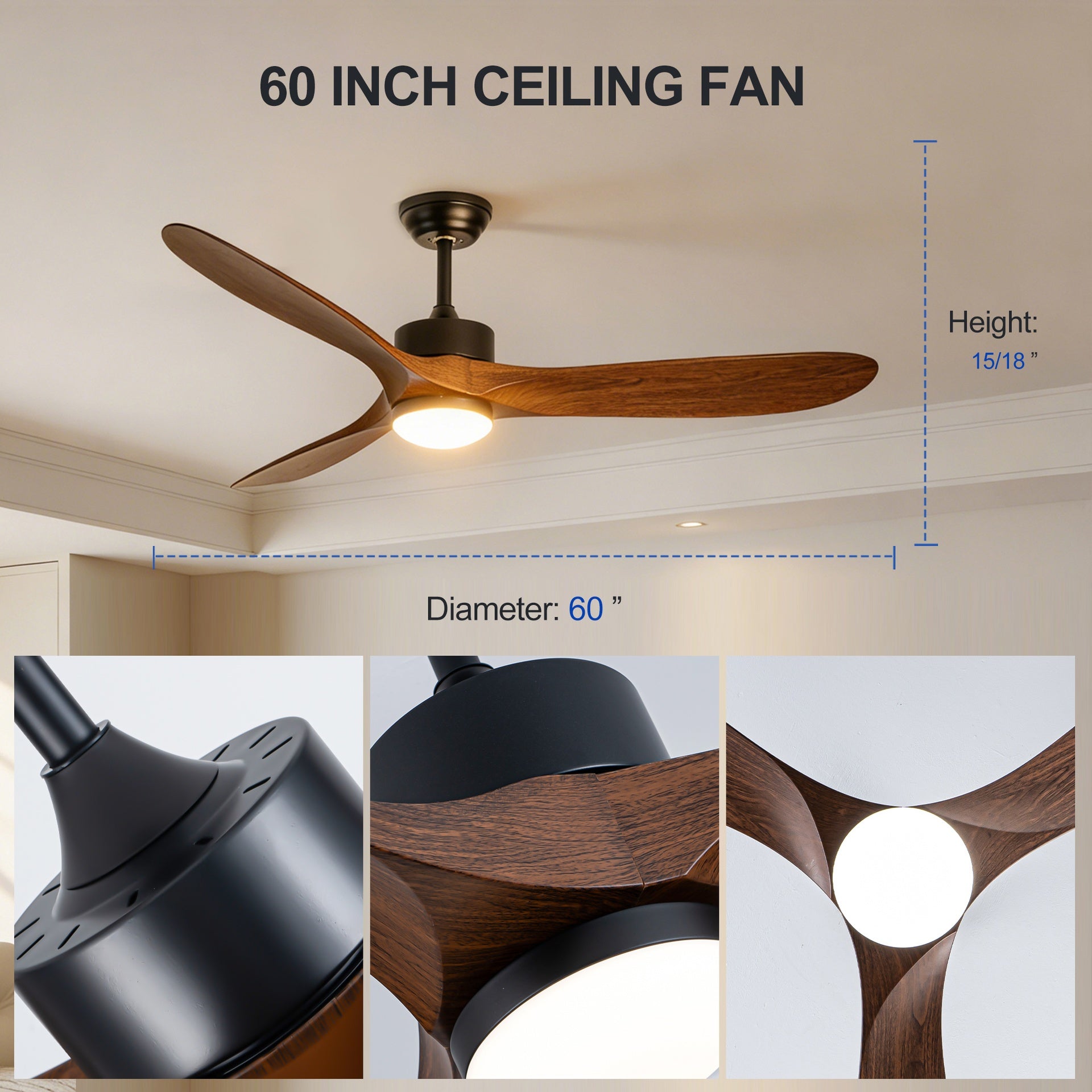 60" Ceiling Fan with LED Light Remote Control,Quiet DC Motor 6 Speed Levels,Adjust Height( 2 PCS Rod) Reversible Ceiling Fan, for Patio Living Room, Bedroom, Office,Indoor.(Matte Black +Wood)