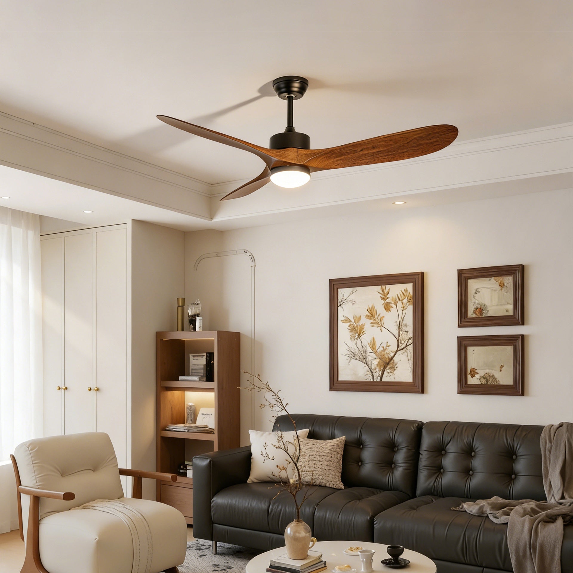 60" Ceiling Fan with LED Light Remote Control,Quiet DC Motor 6 Speed Levels,Adjust Height( 2 PCS Rod) Reversible Ceiling Fan, for Patio Living Room, Bedroom, Office,Indoor.(Matte Black +Wood)