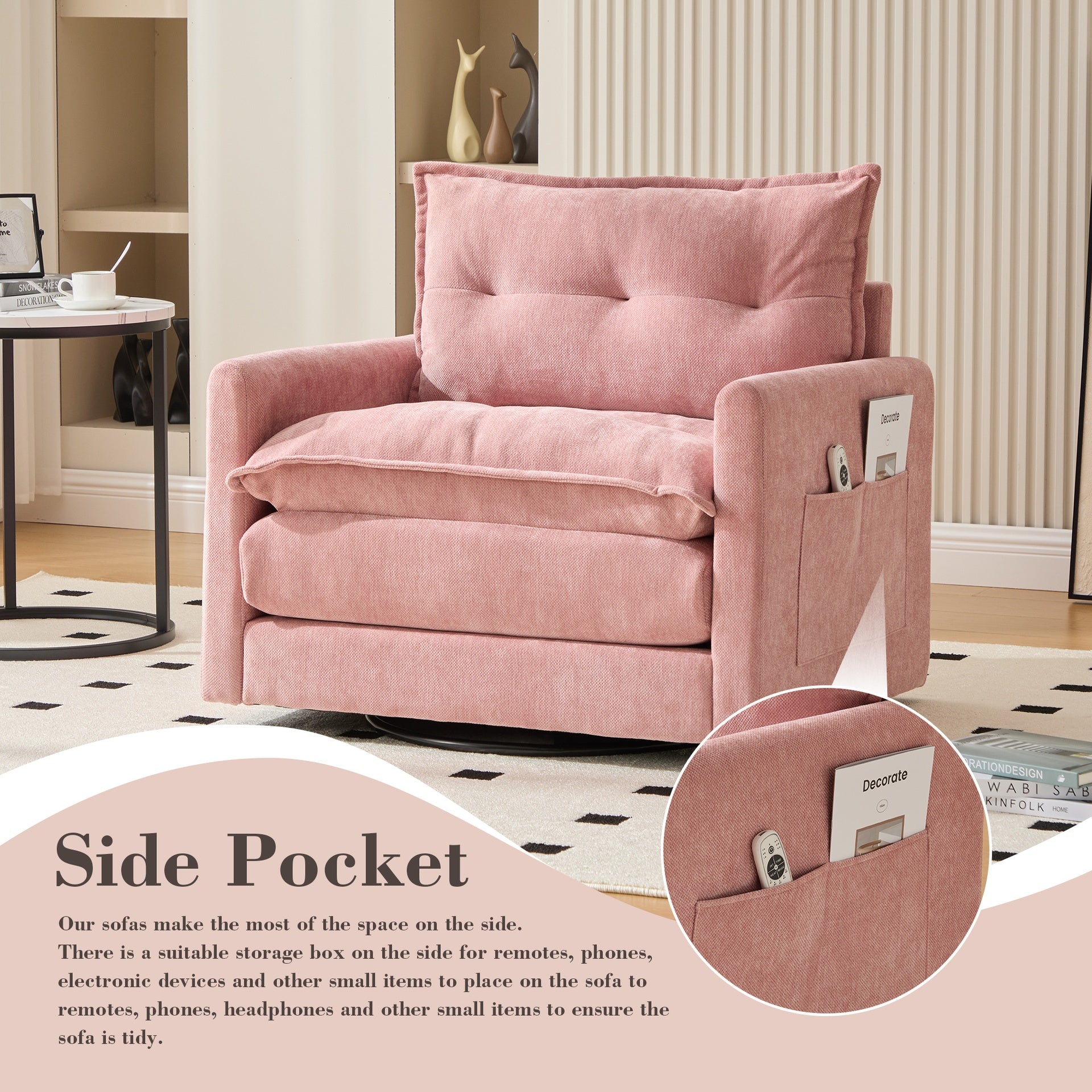 UNITED WE WIN Swivel Barrel Chair - Mid Century Modern Chair, Thick Padded Arm Chair with Solid Metal Base, Comfortable Single Sofa Chair, Swivel Accent Chair for Living Room Bedroom