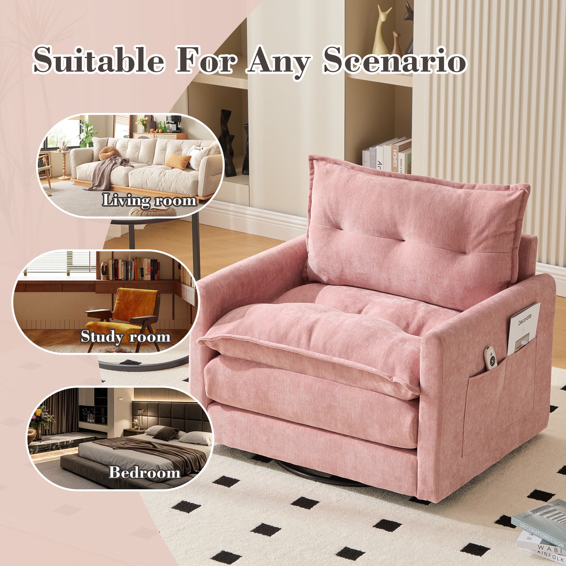 UNITED WE WIN Swivel Barrel Chair - Mid Century Modern Chair, Thick Padded Arm Chair with Solid Metal Base, Comfortable Single Sofa Chair, Swivel Accent Chair for Living Room Bedroom