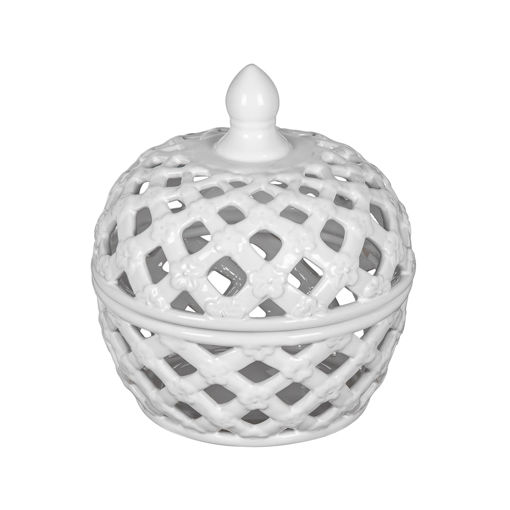 D8x9.5" White Ceramic Lidded Jar with Lattice Design