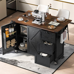 K&K 54.5" Farmhouse Kitchen Island with Power Outlet, Kitchen Storage Island  with Internal Storage Rack, Drop Leaf, Spice Rack, Rolling Kitchen Cart on Wheels, for Home, Kitchen and Dining Room,Black