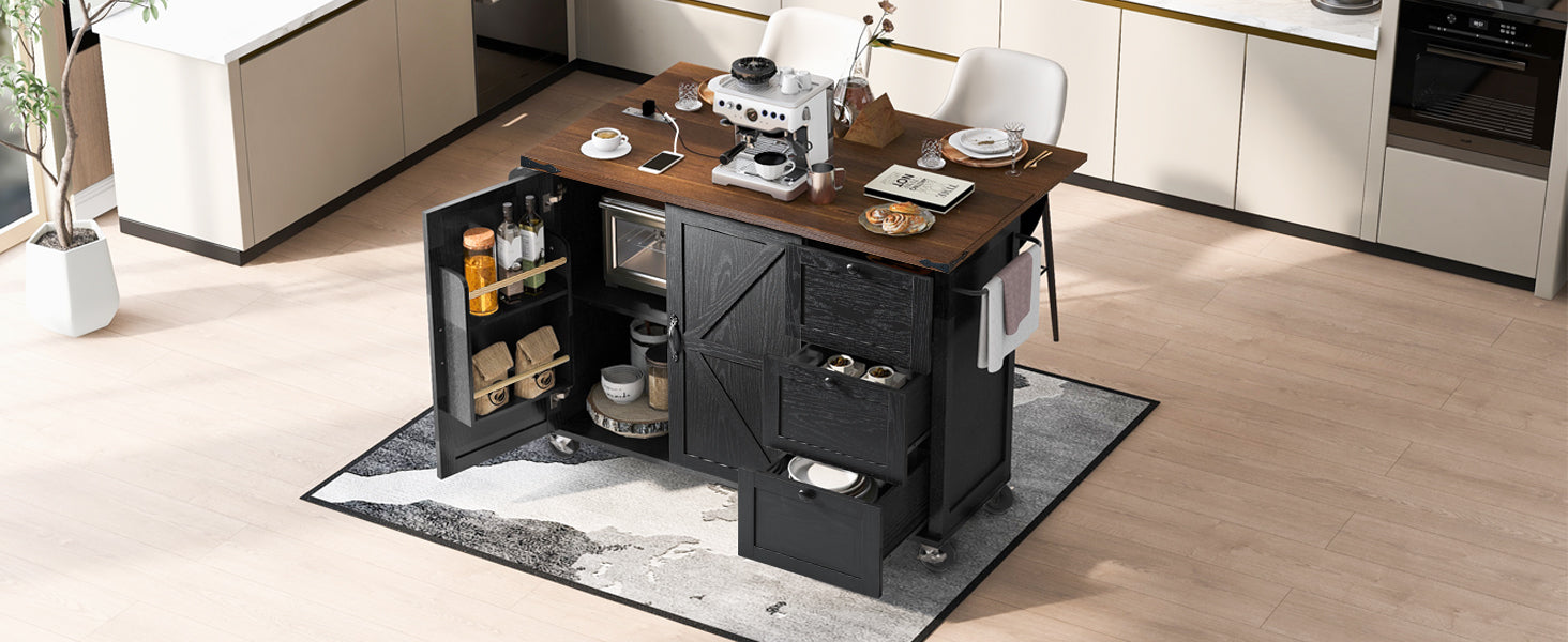 K&K 54.5" Farmhouse Kitchen Island with Power Outlet, Kitchen Storage Island  with Internal Storage Rack, Drop Leaf, Spice Rack, Rolling Kitchen Cart on Wheels, for Home, Kitchen and Dining Room,Black