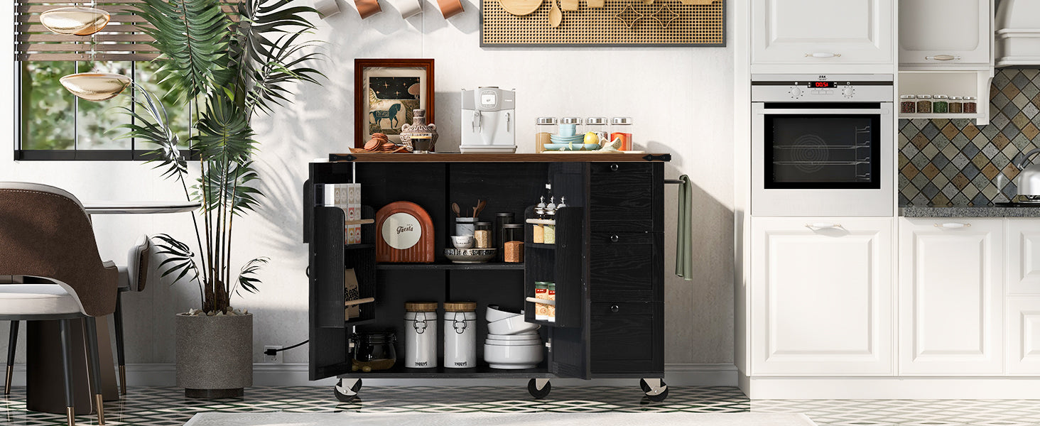 K&K 54.5" Farmhouse Kitchen Island with Power Outlet, Kitchen Storage Island  with Internal Storage Rack, Drop Leaf, Spice Rack, Rolling Kitchen Cart on Wheels, for Home, Kitchen and Dining Room,Black