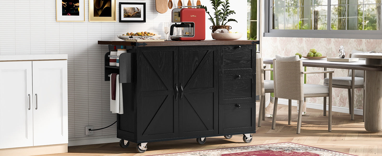 K&K 54.5" Farmhouse Kitchen Island with Power Outlet, Kitchen Storage Island  with Internal Storage Rack, Drop Leaf, Spice Rack, Rolling Kitchen Cart on Wheels, for Home, Kitchen and Dining Room,Black