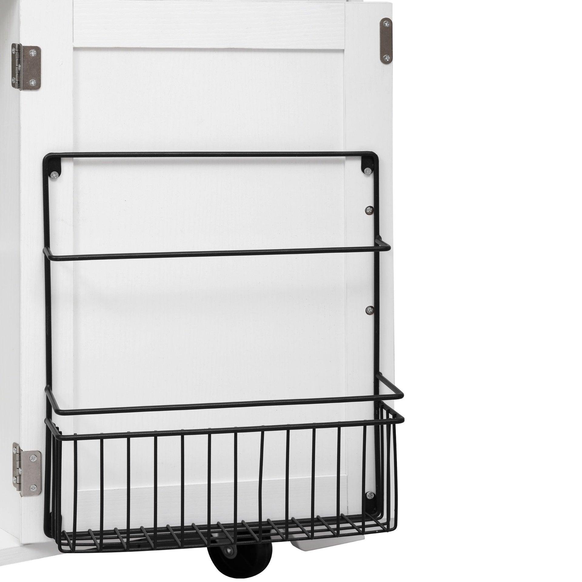 K&K 46.5'' Farmhouse Kitchen Island with Drape of Beads, Power Outlet, Rolling Kitchen Cart on Wheels with Drop Leaf, 3 Doors , 3 Drawers and Internal Iron Shelf, for Kitchen, Dining Room, White
