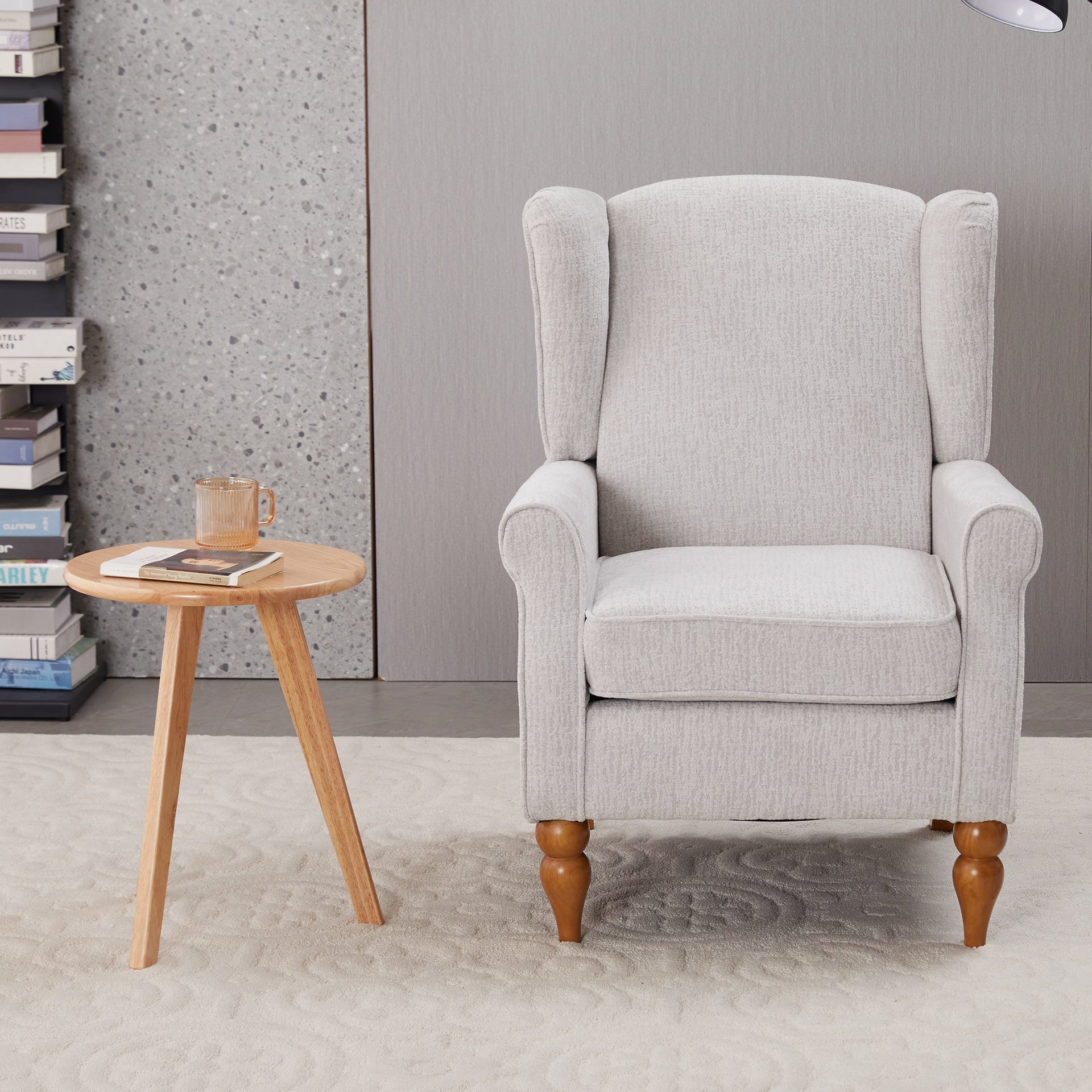 Coffee Table & Armchair Set,Vintage Luxury Style,  a high-back comfortable reading chair (beige) & a solid wood coffee table (Natural Wood) , suitable for living rooms and bedroom relaxation areas.