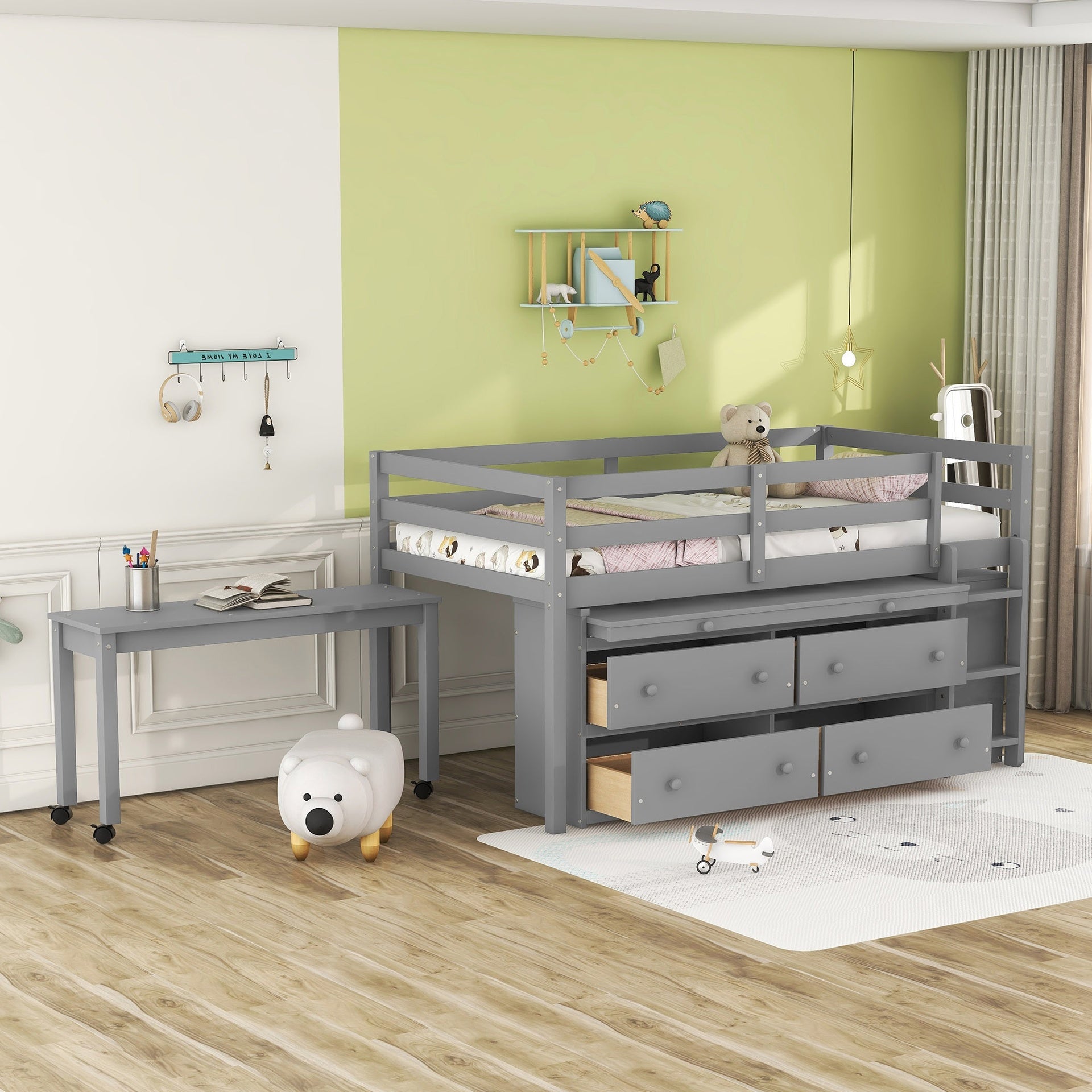Twin Size Loft Bed with Retractable Writing Desk and 4 Drawers, Wooden Loft Bed with Lateral Portable Desk and Shelves, Gray
