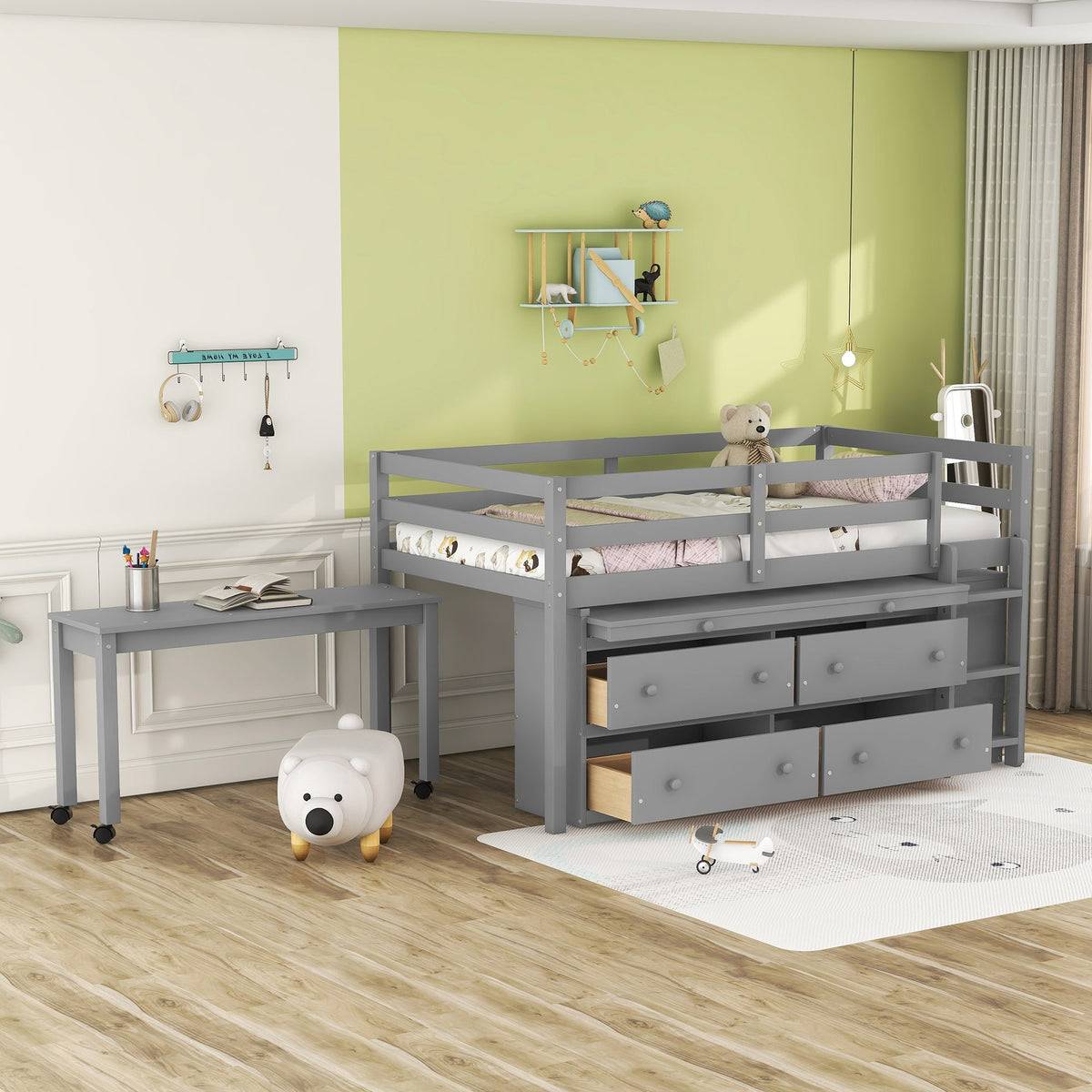 Twin Size Loft Bed with Retractable Writing Desk and 4 Drawers, Wooden Loft Bed with Lateral Portable Desk and Shelves, Gray