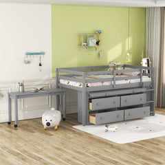 Twin Size Loft Bed with Retractable Writing Desk and 4 Drawers, Wooden Loft Bed with Lateral Portable Desk and Shelves, Gray