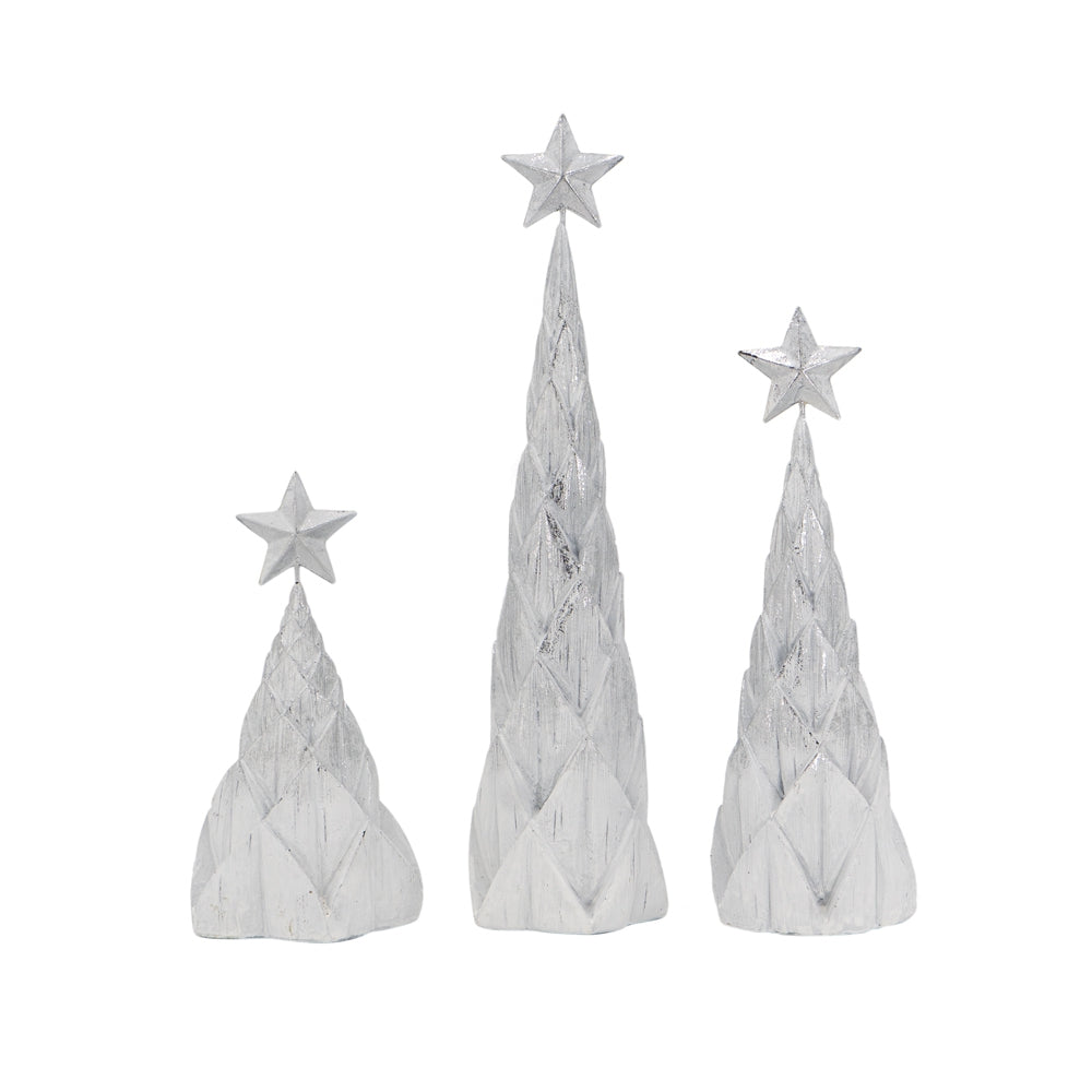 Set of 3 Resin White/Silver Foil Christmas Tree With Star Top, L:4x4x16" M:4x4x12" S:4.5x4.5x8.8"