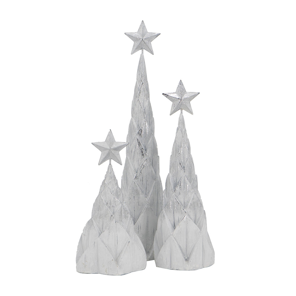 Set of 3 Resin White/Silver Foil Christmas Tree With Star Top, L:4x4x16" M:4x4x12" S:4.5x4.5x8.8"