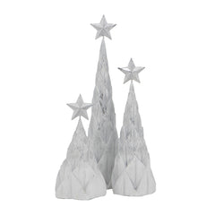 Set of 3 Resin White/Silver Foil Christmas Tree With Star Top, L:4x4x16" M:4x4x12" S:4.5x4.5x8.8"