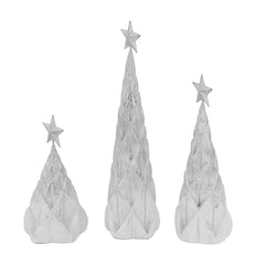 Set of 3 Resin White/Silver Foil Christmas Tree With Star Top, L:4x4x16" M:4x4x12" S:4.5x4.5x8.8"