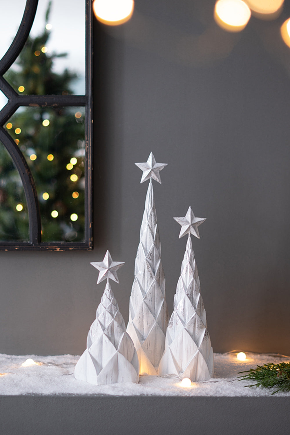 Set of 3 Resin White/Silver Foil Christmas Tree With Star Top, L:4x4x16" M:4x4x12" S:4.5x4.5x8.8"