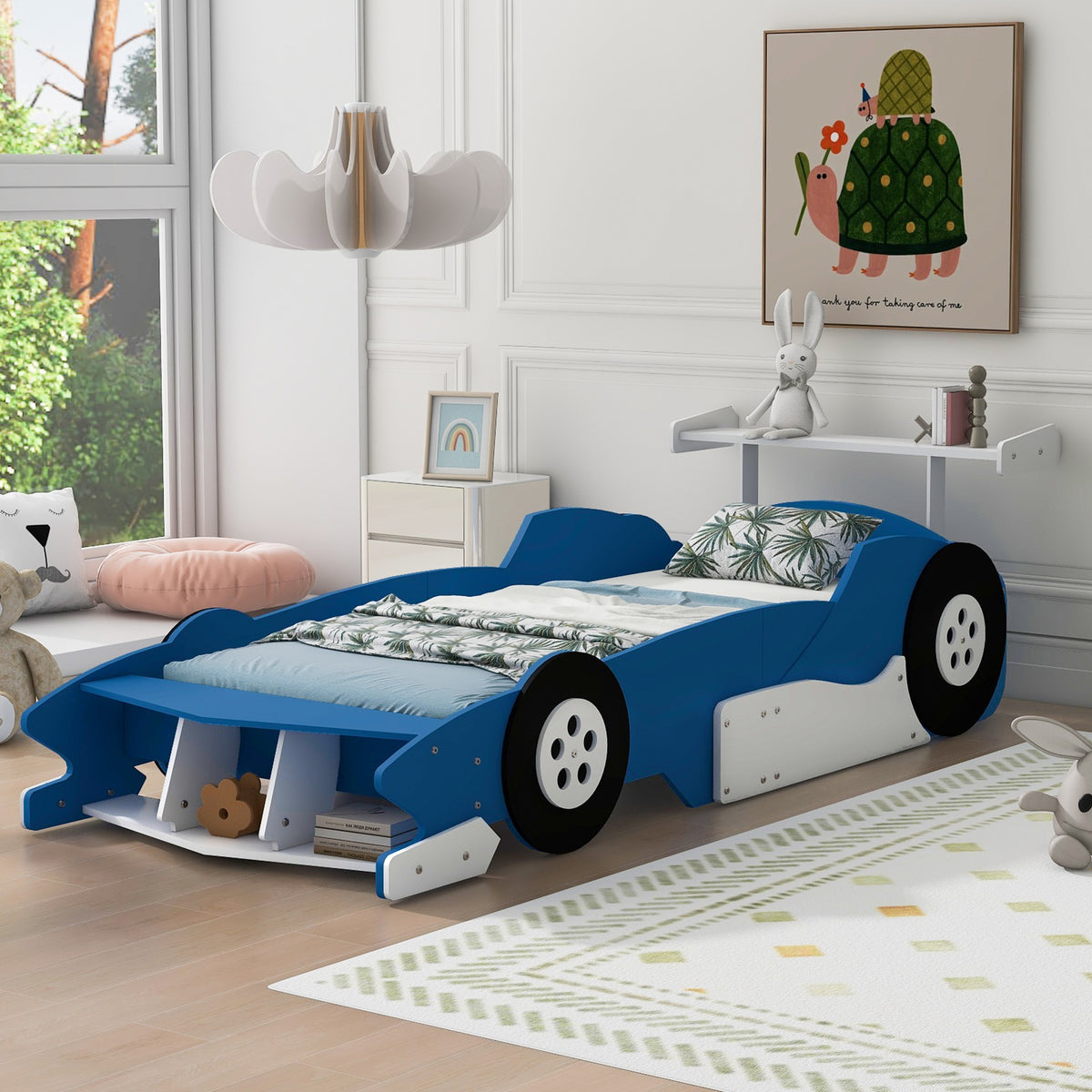 Twin Size Race Car-Shaped Platform Bed with Wheels,Blue(OLD SKU:WF311965AAC)